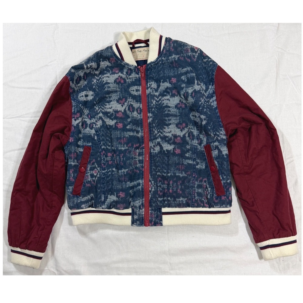 We The Free People Varsity of Dreams Bomber Jacket S Blue Burgundy Ikat Zip Up